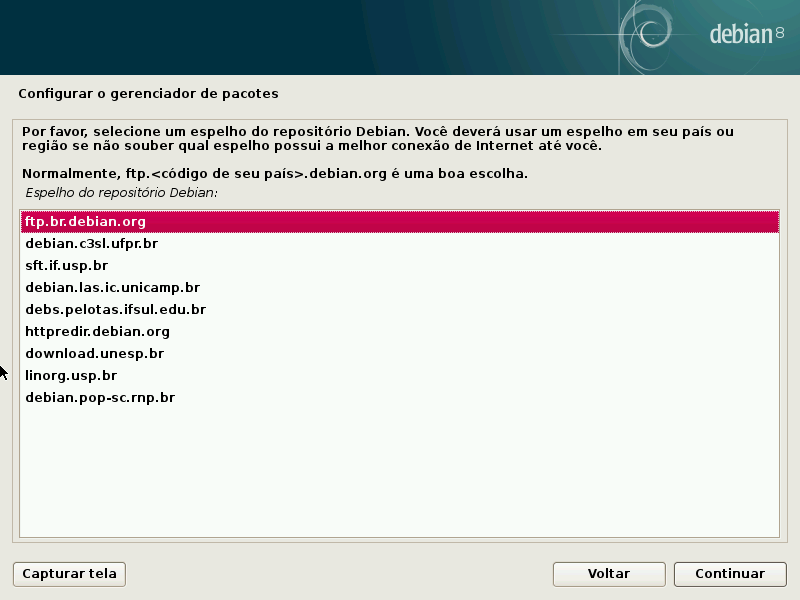 Selecionando um espelho Debian